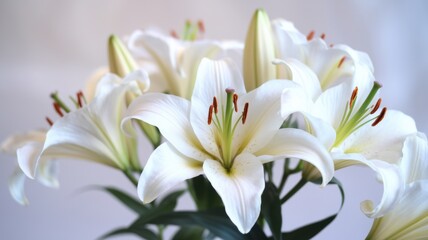 Fototapeta premium Beautiful white lilies on a light background, a symbol of tenderness, purity and virtue. A photo with a place for the text.