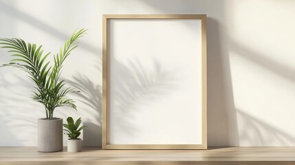 Elegant Wooden Frame Mockup Minimalist Design Modern Home Decor Empty Canvas Stylish Plants Potted Greenery Natural Light Shadow Sunlight Interior    