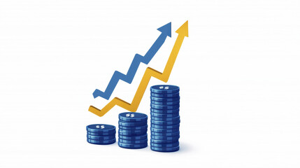 Financial growth is represented by stacked coins and upward arrows, symbolizing success