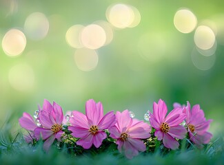 Pink Cosmos Flowers with Water Droplets and Bokeh Background in Spring