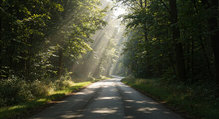 Obraz premium A serene forest road with sunlight filtering through dense trees. Rays of light cut through morning mist, creating a mystical atmosphere as the empty path winds into the distance.