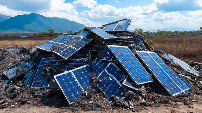 A pile of discarded photovoltaic solar panel debris. Damaged heap of spoilt solar panels in the rubbish dump.  