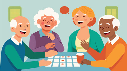 A group of older adults laughing and chatting over a game of bingo at a retirement community center.. Vector illustration