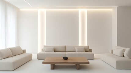 A luxurious minimalist hotel living room with clean white walls and plush beige sofas