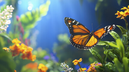 Obraz premium vibrant butterfly gracefully flutters among colorful flowers in lush garden, creating serene and enchanting atmosphere