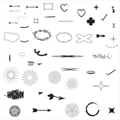 Line arrow hand drawn shape brush underline stroke element vector set. Hand drawn doodle sketch arrow, circle, star brush stroke scribble underline icon. Marker doodle heart vector illustration