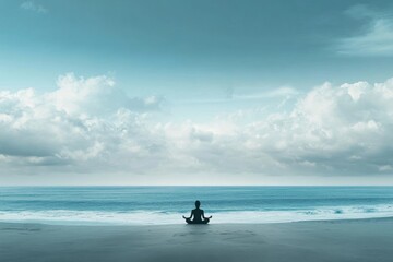 A single individual sits cross-legged on the sandy shore, deeply engaged in meditation. The calm ocean stretches endlessly, merging with a soothing sky filled with soft clouds