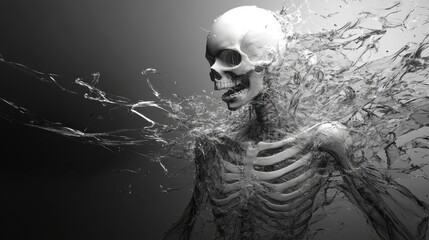 A dramatic black-and-white image of a skeleton partially submerged in water, surrounded by splashes, evoking themes of life, death, and the underwater realm.