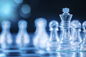 close up of glass chess king piece on chessboard, symbolizing strategy and competition