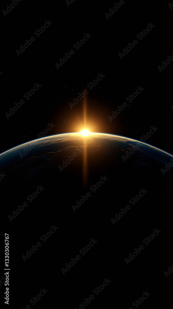 Poster Sunlight breaking over Earth's curve, illuminating planetary landscape with starry celestial darkness surrounding spherical horizon