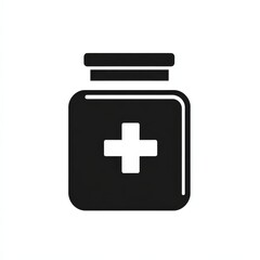 Obraz premium Black and White Medicine Bottle Icon Featuring a Cross, Suggesting Pharmaceutical or Health Care Purposes.