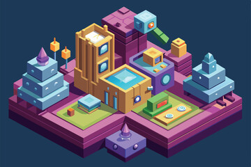 A whimsical isometric landscape features colorful geometric structures and customizable tinsels in vibrant hues, Tinsels Customizable Isometric Illustration