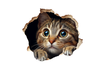 cat looking torn hole Isolated on White and Transparent Background PNG Image.