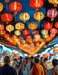 Obraz premium Buddhist Mid-Autumn Festival celebration, a lively Mid-Autumn Festival night market, filled with people buying mooncakes, colorful lanterns hanging overhead, and Buddhist monks offering blessings 