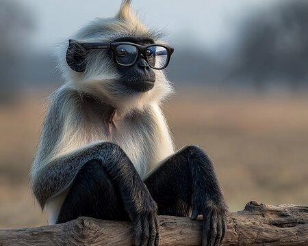 A langur monkey wearing glasses sits on a branch.
