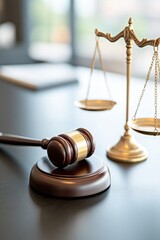 Gavel and scales of justice on dark polished desk symbolizing legal authority and fairness in a professional environment
