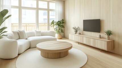 A minimalist living room featuring light birch wood-grain walls and a plush white sofa