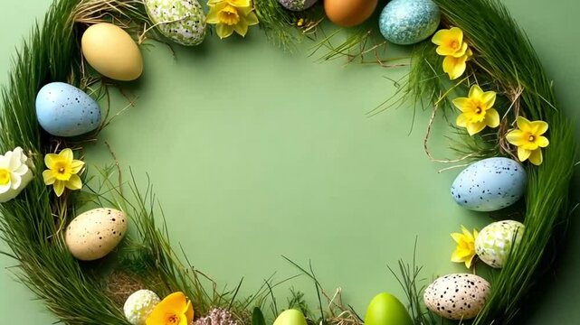 Easter eggs and daffodils in a circular arrangement on a green background for a spring celebration