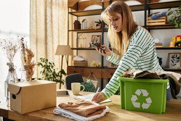 Young woman embraces sustainable living by sorting and recycling clothes at home