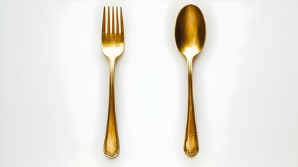 Top view of golden spoon and fork white