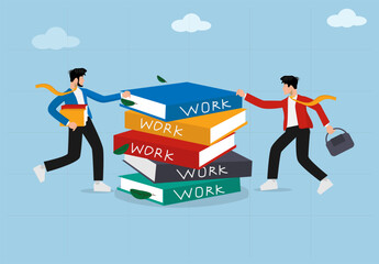 Business and Productivity Concept Illustration. Two Businessmen Running Around a Stack of Work Books in Flat Vector Style.