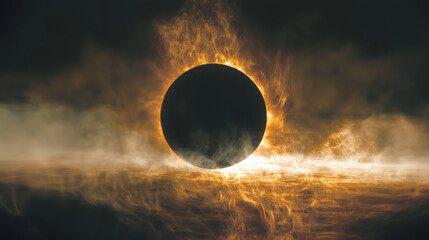 Dramatic Solar Eclipse with Fiery Corona Amidst Dark Clouds in a Surreal Sky  
