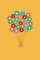 A colorful and abstract bouquet of flowers on an orange background. The flower stems are tied together with string. Illustration.