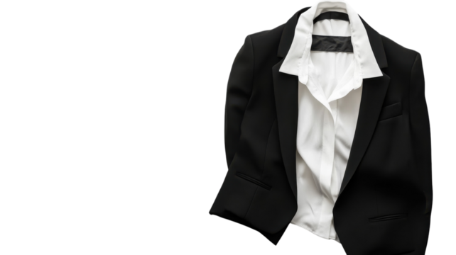 Stylish black blazer with a white shirt, perfect for formal occasions or business settings