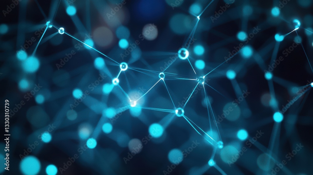 Poster abstract ai neural network background with glowing interconnected nodes and deep blue cyan digital circuits, futuristic cybernetic web with smooth soft lighting, concept of artificial intelligence