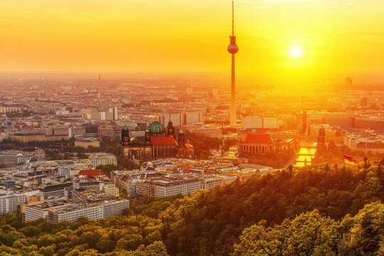 Berlin skyline at sunset with TV Tower and Brandenburg Gate silhouetted against warm orange sky