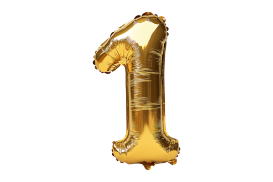 Number 1 made with gold foil balloon Isolated on White and Transparent Background PNG Image.
