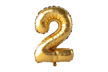 Number 2 made with gold foil balloon Isolated on White and Transparent Background PNG Image.