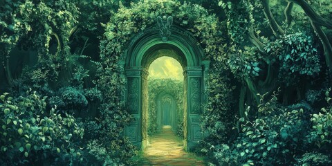Green stone archway leads through a lush and overgrown garden