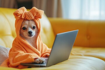 Fototapeta premium Funny dog after bath procedures sitting on couch and working on laptop computer