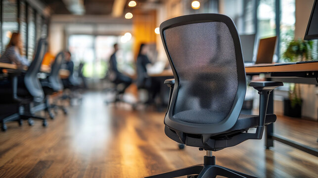 Ergonomic office chair stands empty in modern coworking space with blurred colleagues working