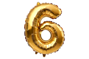 Number 6 made with gold foil balloon Isolated on White and Transparent Background PNG Image.
