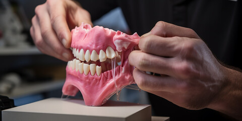 hand holding a dental care Dental professional working with a model of a human jaw.
