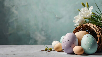 Colorful pastel Easter eggs placed in a decorative basket, accompanied by blooming white spring flowers.
