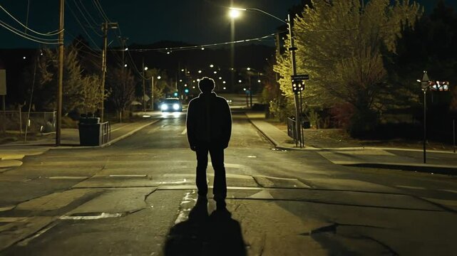 Silhouette einer Person auf leerer Stra&szlig;e bei Nacht