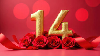 flowers, large three-dimensional gold numerals "14", pink ribbons, on a pastel pink background, bokeh, perfect composition 