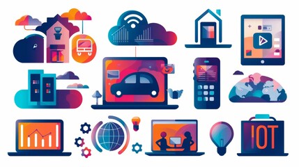 Illustrations showcasing smart home technology and IoT concepts with vibrant flat design elements