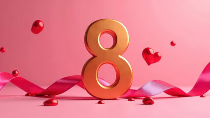 flowers, large three-dimensional gold numerals "8", pink ribbons, on a pastel pink background, bokeh, perfect composition 