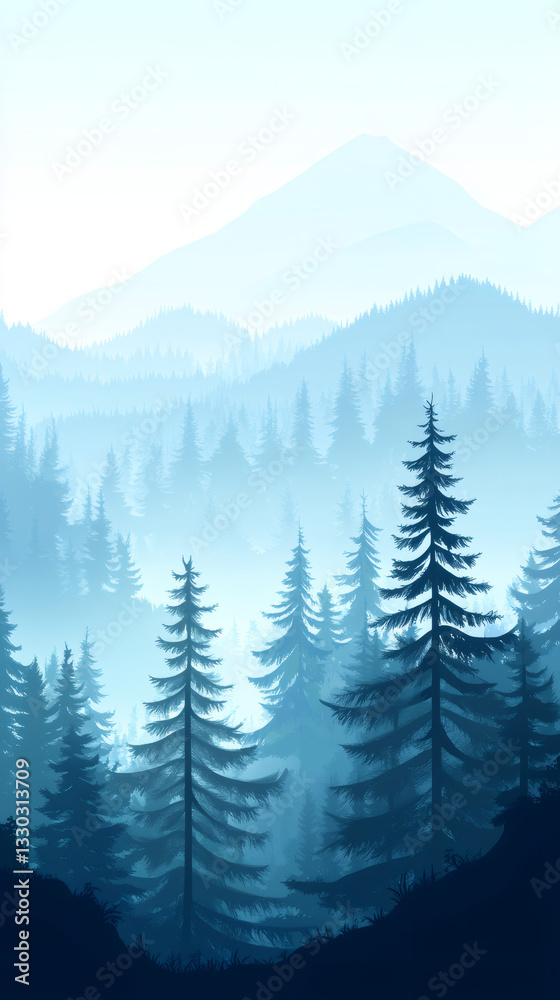 Poster blue-shaded coniferous forests blanket the mountain slopes, creating a serene and tranquil atmospher