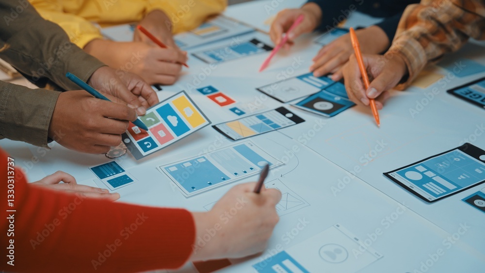 Poster a dynamic team collaborates on app design, using colorful sketches and notes on a table. the scene c
