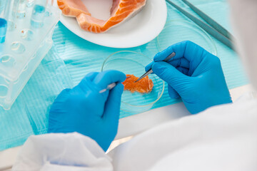 laboratory testing of different food products. Selective focus.