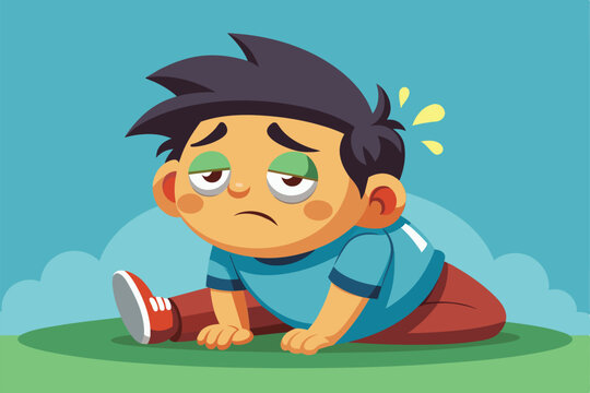 A cartoon character appears fatigued while sitting on grass under a bright blue sky, showing exhaustion, Tiredness Customizable Cartoon Illustration - Powered by Adobe
