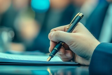 Journalist's hand grasps a pen, diligently taking notes during a press conference. Background reveals an engaged audience in a contemporary setting