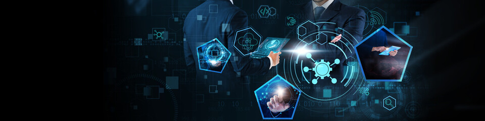 API Concept: Integration, data exchange, connectivity, automation, scalability, security, and performance on global business network.