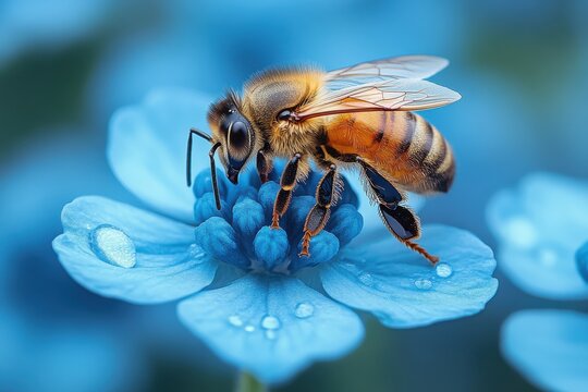 Buzzing energy unfurls as a bee gathers nectar from a vibrant blue flower in a sunlit garden