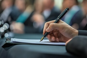A journalist focuses on taking notes with a pen during a press conference. The setting is formal, with others seated in the background, highlighting the importance of the event